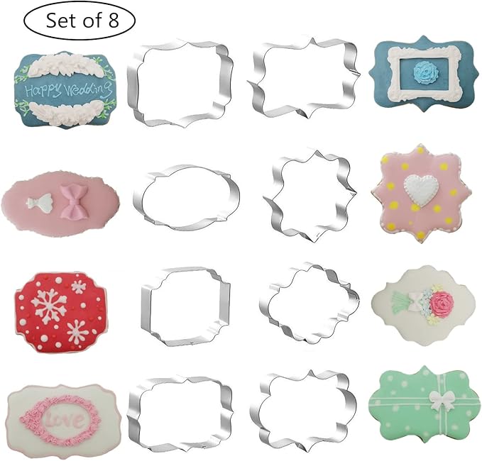 Fancy Plaque Cookie Cutters Set of 8 pcs, Stainless Steel Wedding Frames Shaped Fondant Cutter Molds Baking DIY
