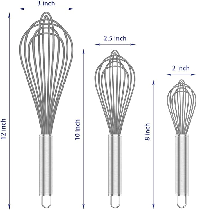 OYV Grey Silicone Whisk, Professional Whisks For Cooking Non-Scratch, Stainless Steel & Silicone Wisk, Plastic Rubber Whisk Tool For Nonstick Cookware Pans, Silicon Wisks Set of 3