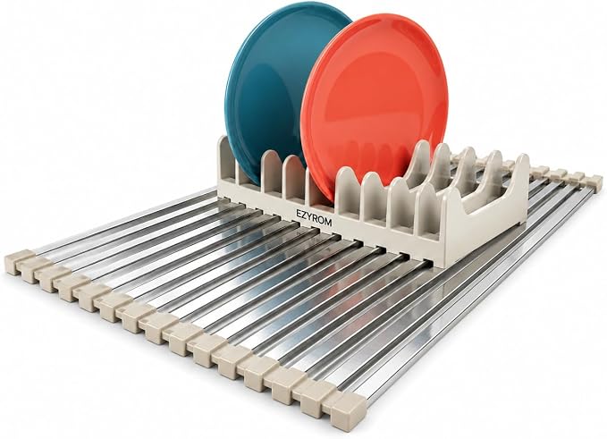 Large Aluminum Roll Up Dish Drying Rack (20.5" x 13") - Fits Sinks up to 19.5 Inches, Heavy Duty Square Bar, Rust-Proof & Heat Resistant with Removable Dish Holder (Beige Large)