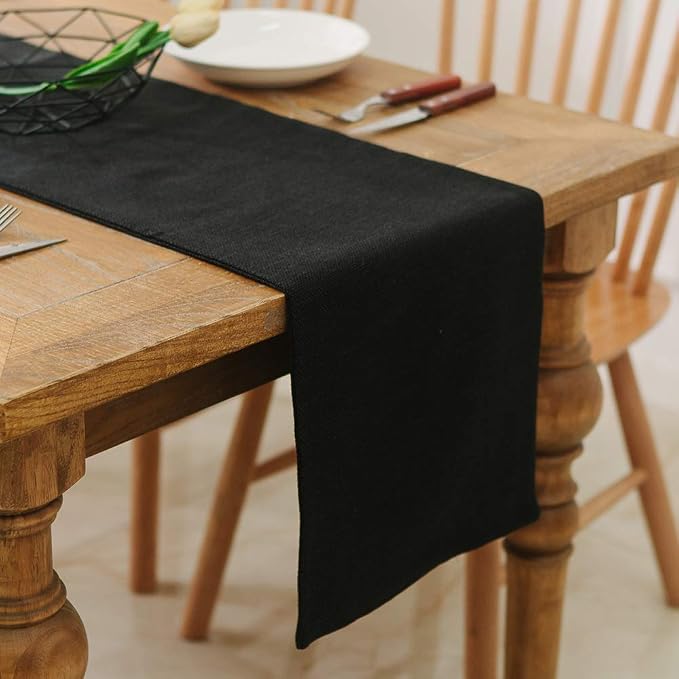 2 Piece Fabric in 1 Dinning Table Runner 12 x 72 Inches Farmhouse Kitchen Coffee Burlap Table Runner for Holiday Party, Black