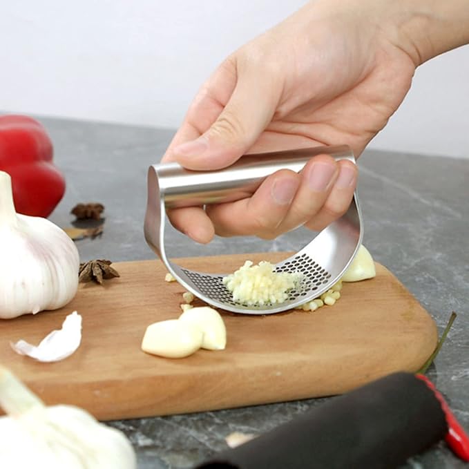 Stainless Steel Garlic Press Rocker, Matching Silicone Roller Peeler & Cleaning Brush, Sturdy Garlic Crusher & Slicer
