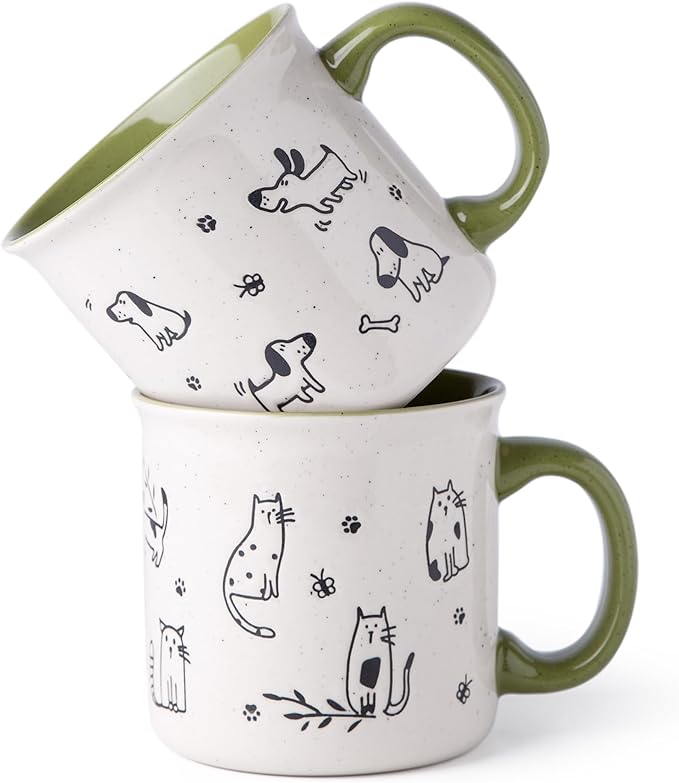 AmorArc 22 OZ Large Ceramic Coffee Mugs Set of 2, Oversized Mugs With Big Handle for Men Women Dad Mom, Big Mug With Textured Dogs Cats Patterns for Office & Home -Microwave Safe, 2 Pcs-Green
