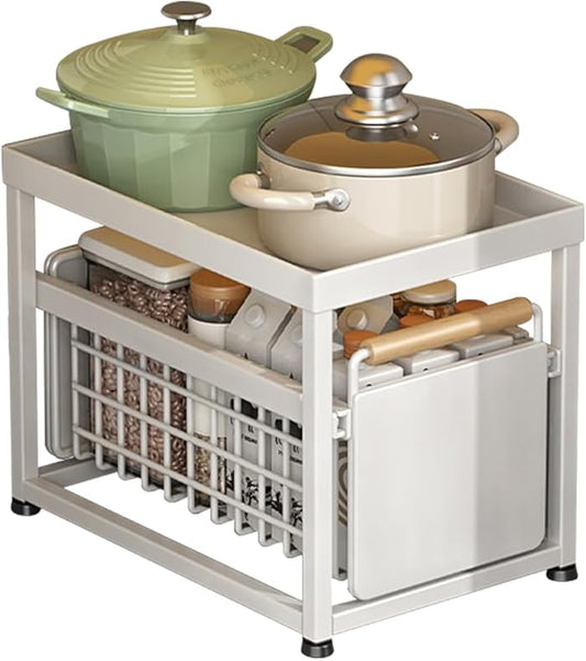2 Tier Pull-out Storage Organizer, Slide Out Kitchen Cabinet Storage Sliding Shelves, Under Sink Organizers Drawer, Mesh Cabinet Basket with Handle for Bathroom, Home(White, Single Layer S)