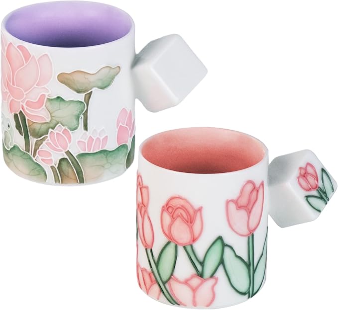 KAMMAK Ceramic Teacups - 155ml/5.2oz Coffee Cup - Set of 2 Hand-Painted Ceramic Cups - Small Vintage Mate Cup - Cute Mugs for Women - Ideal for Birthday, Afternoon Tea & Housewarming Gifts