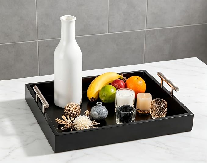 Serving Tray 16.5“X 13“Deluxe Wooden Ottoman Tray for Coffee Table with Polished Silver Metal Handles and 4 Coasters, Living Room Bathroom Coffee Bar Organizer Modern Decorative Black