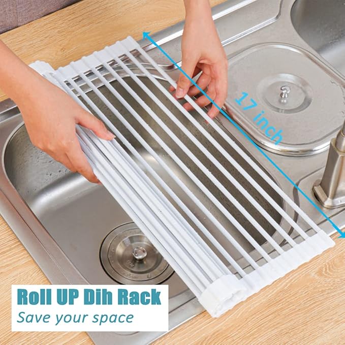 Dish Drainer, White Roll Up Dish Drying Rack, Over Sink Drying Rack with Silicone-Coated, Heat-Resistant Anti-Slip Dry Rack for Dishes Cups Fruits Vegetables - 17" x 13"