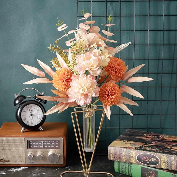 KIRIFLY Artificial Fake Flowers Plants Silk Flower Arrangements Wedding Bouquets Decorations Plastic Floral Table Centerpieces for Home Kitchen Garden Party Décor (Pink Orange)