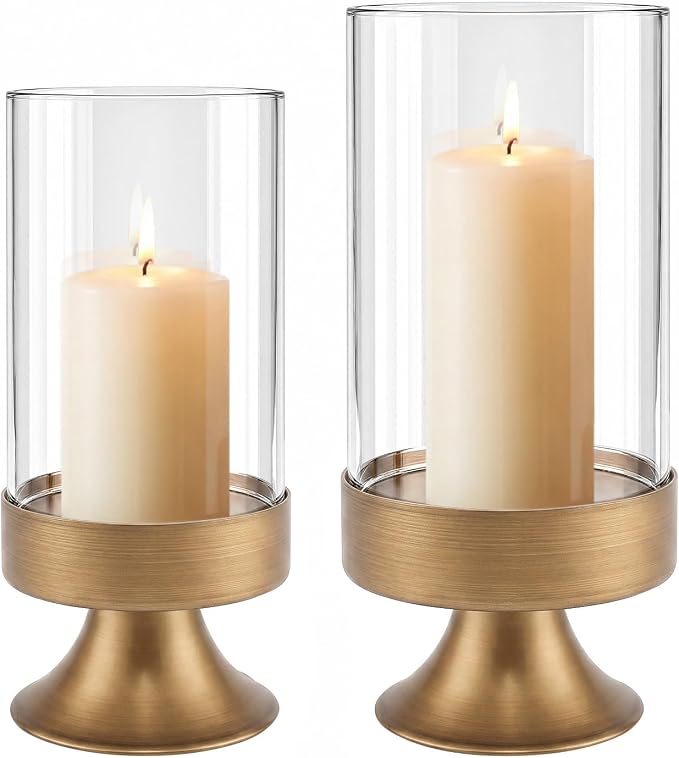 Gold Hurricane Candle Holder with Glass Cylinder Decorative Metal Pedestal Candlestick Holders for Pillar Candles Elegant Centerpiece for Dining Table Wedding Fireplace Mantel Living Room Home Decor