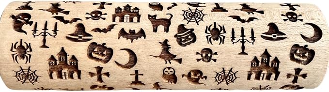 HALLOWEEN Embossing Rolling Pin. Laser Engraved Dough Roller with Pattern - Moon, Owl Spider, Ghost, Pumpkin, Witch. Rolling Pin for Embossing Homemade Halloween Cookies by Algis Crafts
