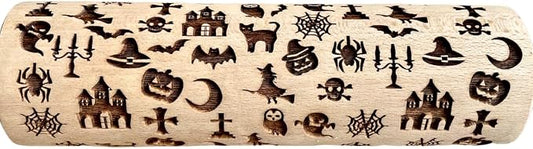 HALLOWEEN Embossing Rolling Pin. Laser Engraved Dough Roller with Pattern - Moon, Owl Spider, Ghost, Pumpkin, Witch. Rolling Pin for Embossing Homemade Halloween Cookies by Algis Crafts