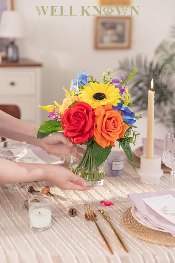 WELL KNOWN Artificial Flowers in Vase with Fake Water, Colorful Spring Flowers Fake Sunflowers Rose Peonies Bouquet for Home Wedding Party Dining Table Baby Shower Decor & Birthday Gift (Rainbow)