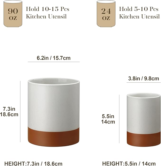 MALACASA Utensil Holder, 7.3"+5.5" Ceramic Kitchen Utensil Holder for Countertop, Large Cooking Utensil Crocks for Kitchen Counter, Farmhouse Utensils Organizer, Set of 2, Khaki Gray, Series TARA