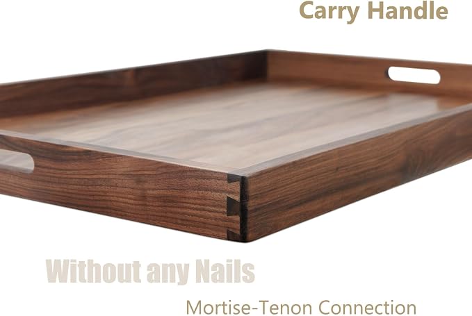 36 x 24 Inches Extra Large Rectangle Black Walnut Wood Ottoman Tray with Handles, Serve Tea, Coffee Classic Wooden Decorative Serving Tray