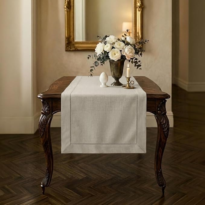 Signature Linen™ by D'Moksha Light Natural Table Runner 36 Inches, 100% Pure Linen, Hemstitch, Coffee Table Runner, 14 x 36 Inch for Dresser Tables- Summer, Father's Day