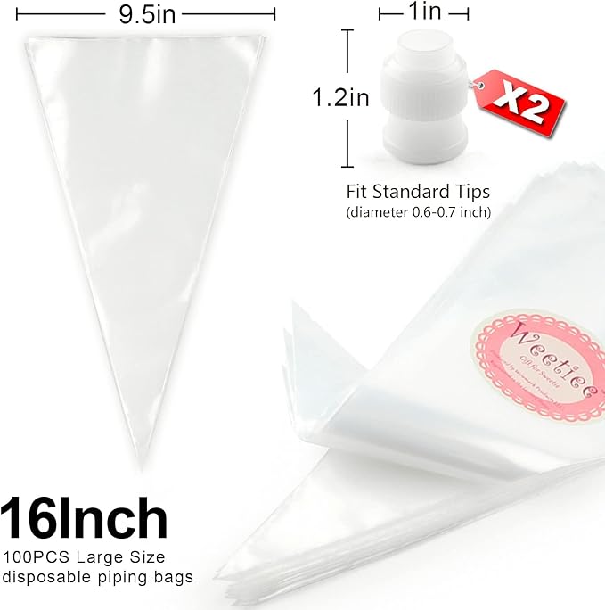 Weetiee Pastry Piping Bags -100 Pack-16-Inch Disposable Cake Decorating Bags Anti-Burst Cupcake Icing Bags for all Size Tips Couplers and Baking Cookies Candy Supplies Kits - Bonus 2 Couplers