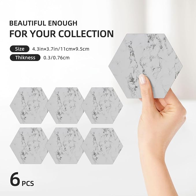 White Marble Drinks Coasters Absorbent Stone with Holder Set of 6, Abstract Luxury ModernWhite Grey/Gray Marble Hexagon Ceramic Coaster for Coffee Table Protection (Hexagonal)