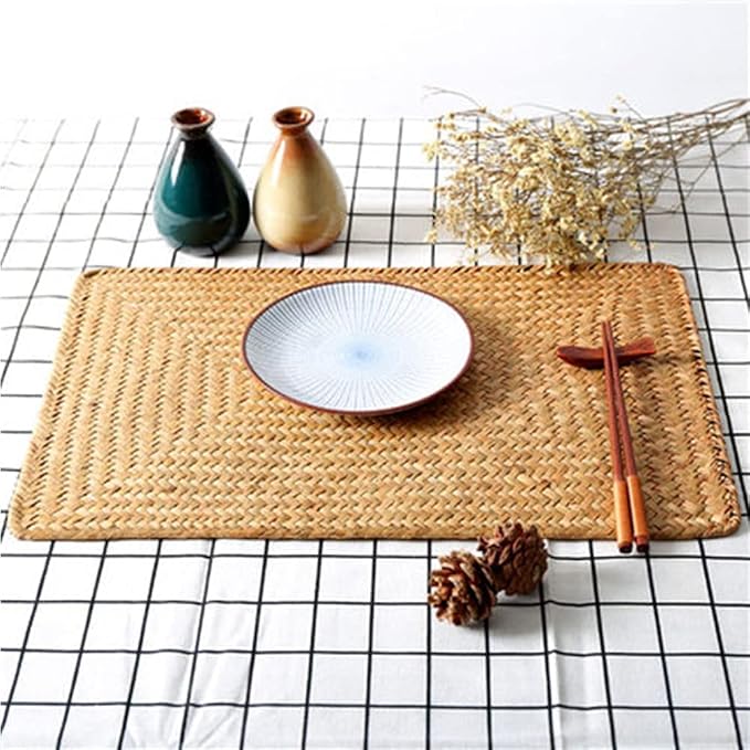 Natural Woven Rattan Rectangular Placemats Seagrass Place Mats for Dining Table, 18x12inches Set of 4