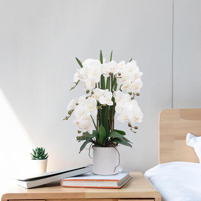 CXGS Artificial Orchid Flower Plants Real Touch Faux Orchids in Ceramic Vase 20.9'' White Phalaenopsis Orchid Fake Flower Arrangement Home Indoor Decor
