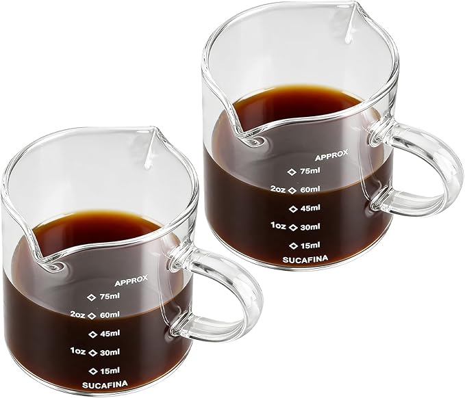 2 Pack Espresso Shot Glass with Handle 75ML Double Spout Measuring Cups with Scale Milk Frothing Pitcher Coffee Accessories(COLOR:clear)
