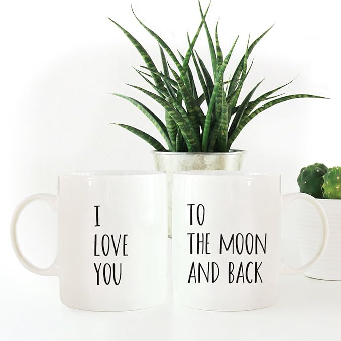 Andaz Press 11oz. Ceramic Ceramic Valentines Day Coffee Mugs Wedding Anniversary Couples Gift Set, I Love You, To the Moon and Back, 2-Pack, Girlfriend Birthday Valentines Day Christmas Ideas