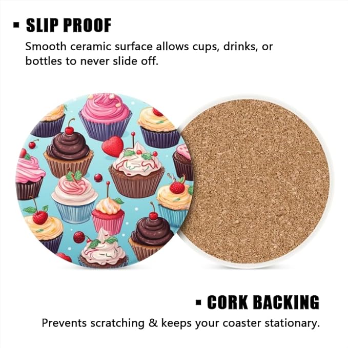 Ceramic Stone Cork Coasters for Drinks Tableware, Cupcake Pattern Round Absorbent Durable Aesthetic Art Cup Mat Protects Tables and Surfaces Set of 1 (4 * 4 Inch)