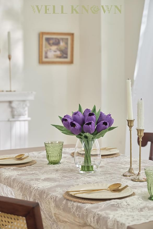 WELL KNOWN 12 Pcs Fake Tulips Artificial Flowers in Vase with Faux Water, Real Touch Purple Foam Tulips Arrangement with Vase for Home Office Wedding Party Decor Dining Table Centerpiece & Mom's Gift