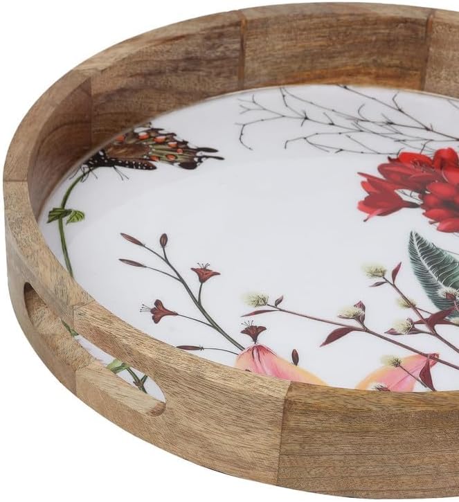 Zenith’s Decor Handmade Wooden Round Shape Tray for Serving Snacks, Appetizer Plate, Multipurpose Breakfast, Coffee Table 32 cm Diameter