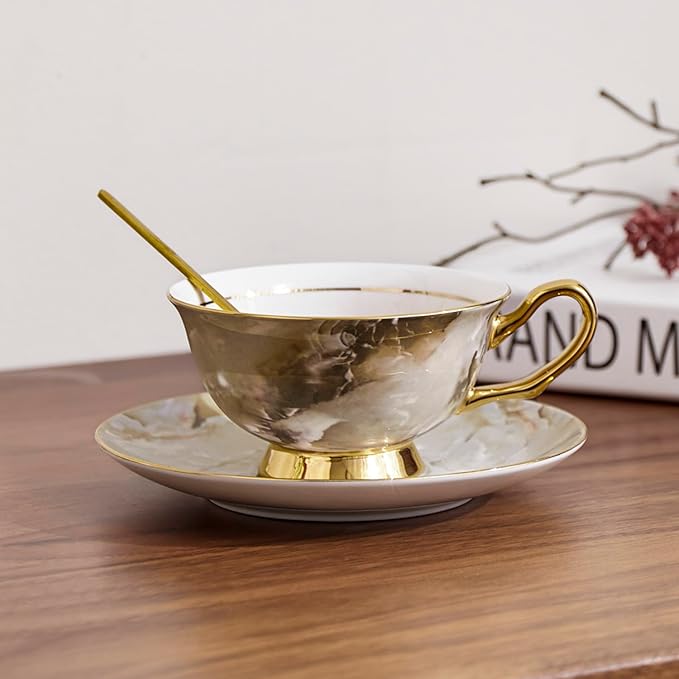 7oz Bone China Coffee Cup Saucer Spoon Set of 2 Iridescent Electro-optic Texture with Gold Rim Elegant Porcelain Tea Coffee Mug Set for Latte Cappuccino Gift for Women Home Wedding