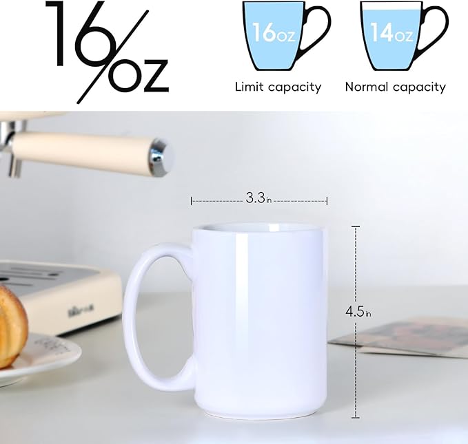 16 OZ Porcelain Coffee Mugs, Classic Blank Ceramic Cup with Large Handle for Tea Latte Cappuccino, Set of 4, White