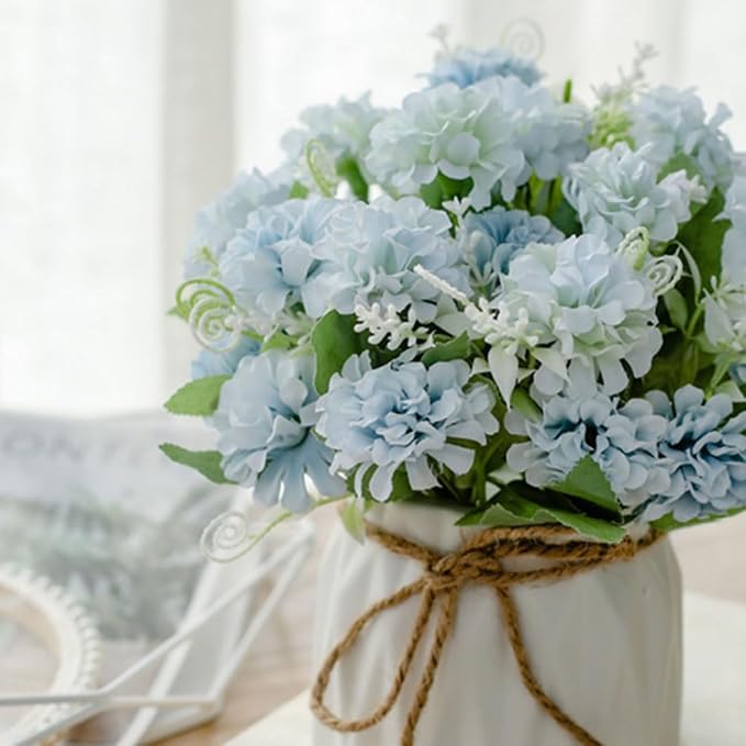 TKAS Fake Flowers Arrangement in Ceramic Vase, Artificial Faux Silk Hydrangea, Small Realistic Dried-Style Floral, Dining Table Centerpiece for Wedding Party Home Decoration (Blue)