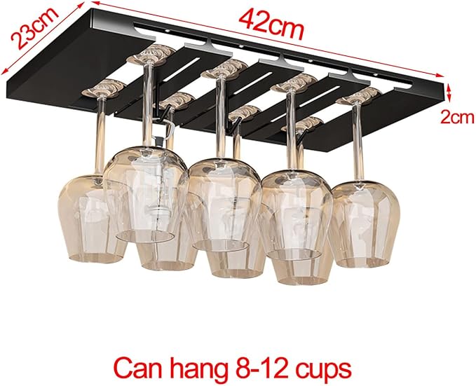V3VOGUE Hanging Wine Glasses Holder Under Cabinet, 2/3/4/5/6 Rows Black Metal Wine Glasses Hanger, Glass Storage Rack Organiser for Cupboard Kitchen Bar (Size : 4 Row)