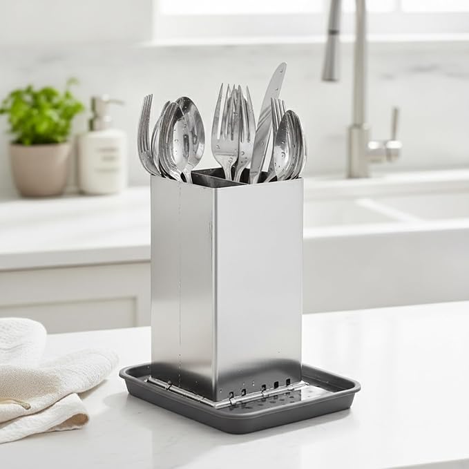 1 PC Stainless Steel Utensil Crock, Square Cutlery Holder with Drain Slots for Countertop Drying and Kitchen Organization