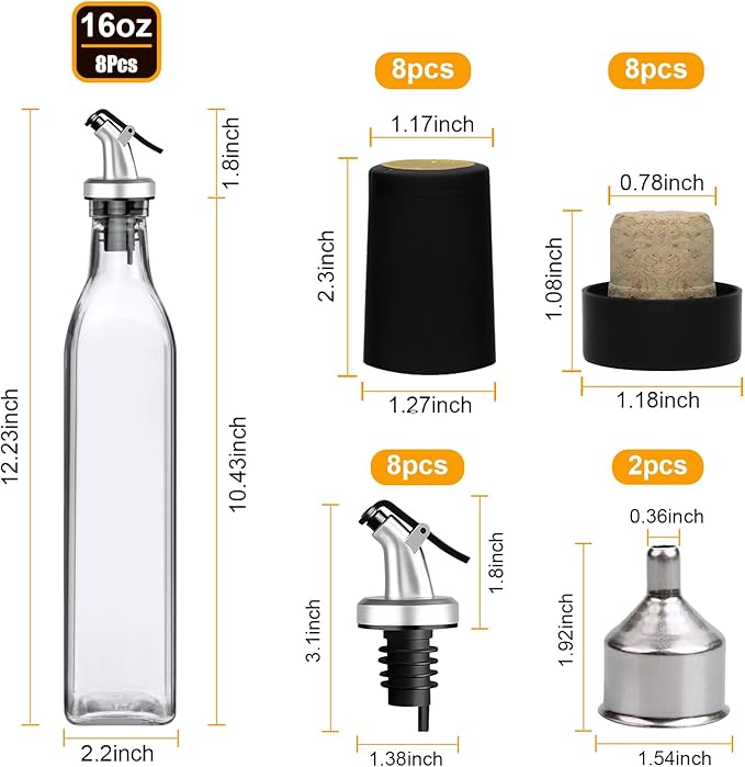 Salzesfalls 8 Pack 17oz Olive Oil Dispenser Bottle,Oil Dispenser for Kitchen, Cooking Oil Dispenser,Vinegar Cruet Bottle,Clear Cruet with Pourers and Corks