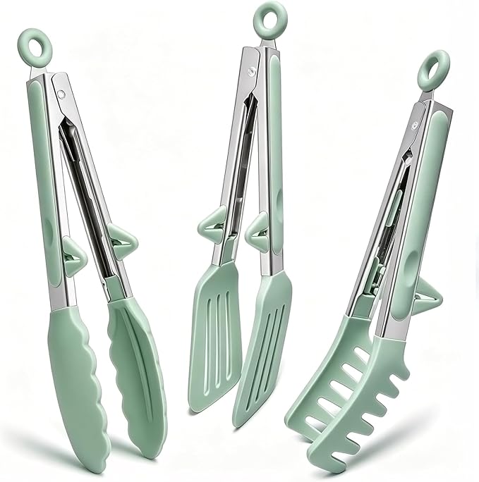 Kitchen Tongs for Cooking, 9 Inch Small Silicone Tongs, Food Grade Mini Serving Tongs with Silicone Tips, Set of 3, Green