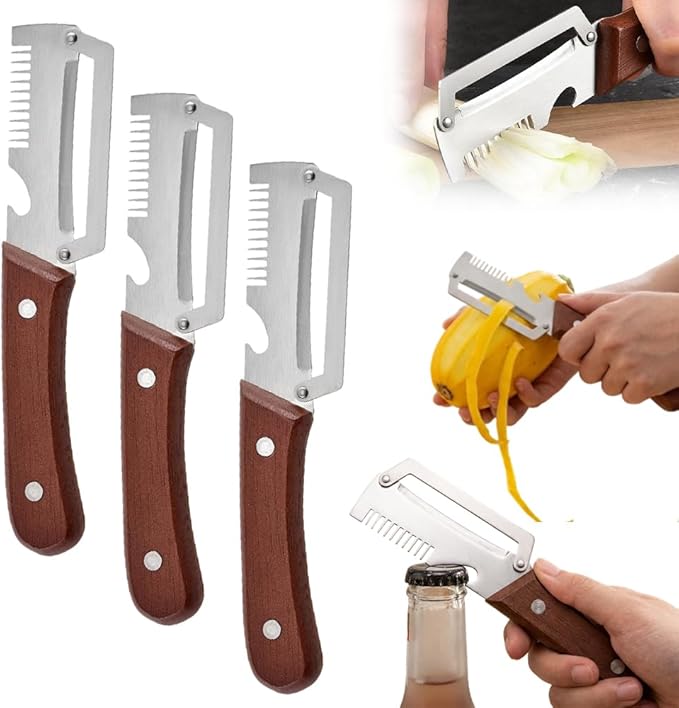 Premium Multi-Functional Vegetable Peeler for Kitchen, 2026 New Heavy Duty Stainless Steel Potato Peeler with Ergonomic Wooden Handle & Bottle Opener for Fruit and Vegetables (C-3Pcs)