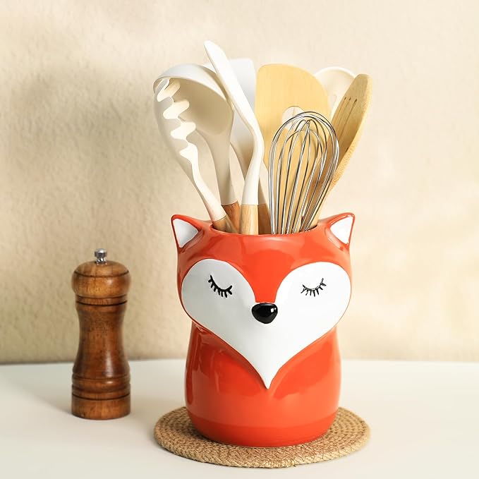Ceramic Fox Cartoon Animal Pattern Kitchen Utensil Holder, Large Cooking Utensil Crocks for Kitchen Countertop, Cartoon Style Utensil Organizer