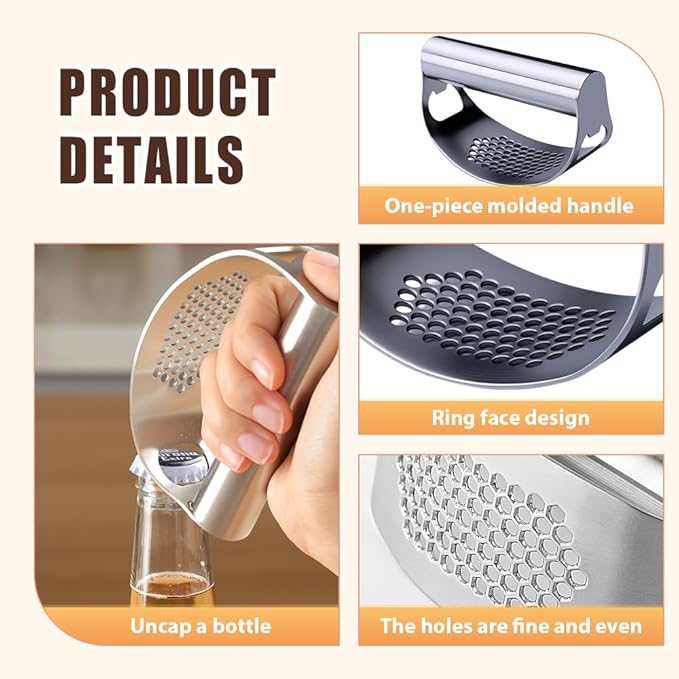 Stainless Steel Garlic Press Rocker, 2025 New Heavy Duty Gralic Crusher Tool with Peeler and Brush for Smash Garlic Built-in Bottle Opener - Easy Kitchen Gadget for Effortless Garlic Prep (1, black)