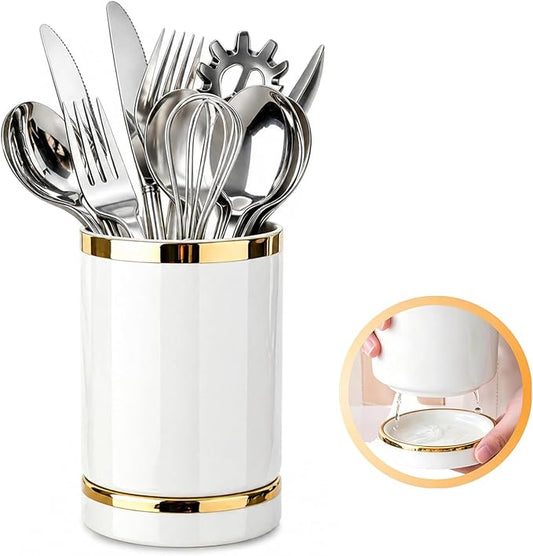 Utensil Drying Holder for Kitchen Countertop, 6in Ceramic Small Silverware Cutlery Set Crock Caddy, Self Draining Tea Coffee Spoon Fork Flatware Stirrers Jar for Stir Stick Straw