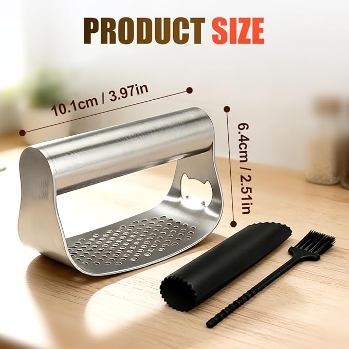 Garlic Press Rocker,Stainless Steel Garlic Presser,Crusher and Chopper,Kitchen Garlic Mincer Tool with Peeler & Cleaning Brush,For Extract Garlic Paste (1PC)