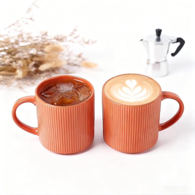 MONITO 16Oz Coffee Mugs Set of 4, Rustic Ceramic Coffee Cups Set with Large Handle, Vintage Striped Stoneware Coffee Mugs for Latte, Cocoa, Tea, Milk, Microwave & Dishwasher Safe, BRICK RED