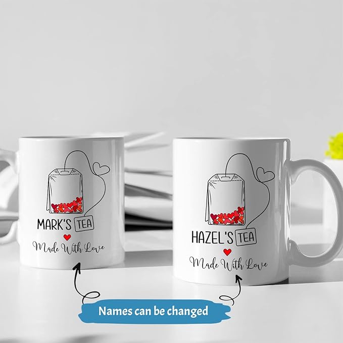 Personalized Couples Made With Love Mug Set, Couple Personalized Mug With Name, Customized Couple Set Coffee Mug, Cup Gifts For His And Hers, Custom Name Ceramic Mug Set Of 2, White 11oz Or 15oz