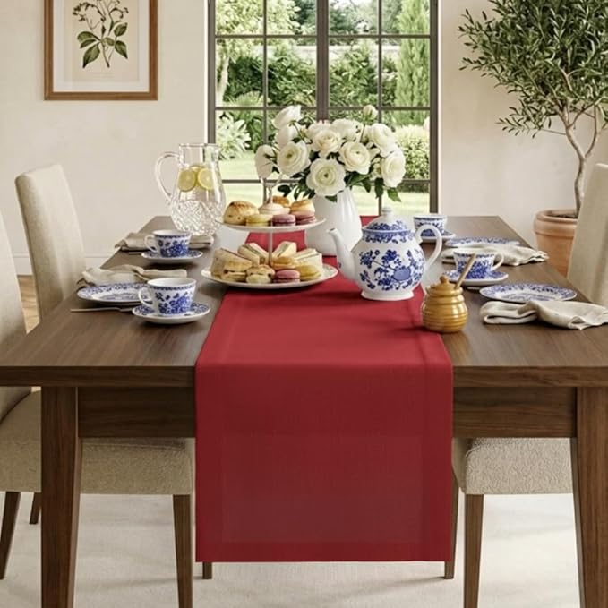 Classic Linen™ by D'Moksha Red Table Runner 120 Inches Long, 100% Pure Linen, 14 x 120 Inch Table Runner for Dresser, Dining- Summer, Father's & Independence Day