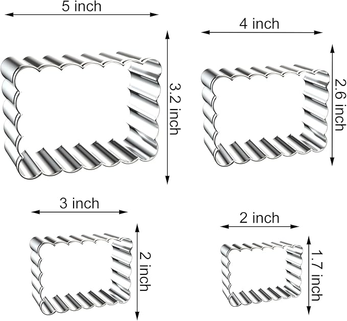 Rectangle Cookie Cutter Set with Scalloped Edge Assorted Sizes - 5 Inch, 4 Inch, 3 Inch, 2 Inch - Fluted Edge Plaque Frame Rectangluar Cookie Cutters Shapes Fondant Molds - Stainless Steel