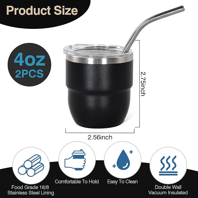 CHLJAR 4oz Stackable Cup, Vacuum Insulated Espresso Cup Set of 2, Espresso Shot Glass for Coffee, Double Wall Stainless Steel Mini Tumbler Shot Glasses with Straw and Lid