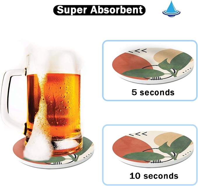 HOPONY Coasters for Drinks,6 Pieces Ceramic Stone Coaster Set with Metal Holder Stand, Cork Base,Absorbent Cups Place Mats for Home Decor,Abstract Leaf