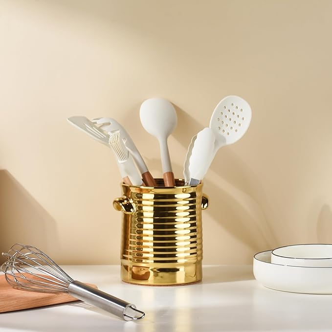 Gold Utensil Holder for Countertop, 6.4" Ceramic Utensil Holder for Kitchen Counter, Large Embossed Cooking Utensil Crocks for Kitchen Decor, Utensil Organizer with Cork Bottom for Housewarming Gifts