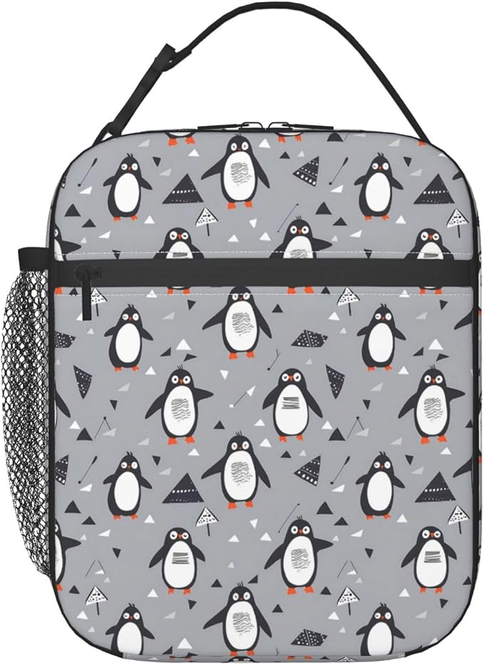 Reusable Penguin Lunch Box for Kids Girls Boys Women Adult, Insulated Cute Lunch Bag,Polyester Cooler Handbags Case for School Picnic Work Travel Outdoor Beach or Hiking (Grey)