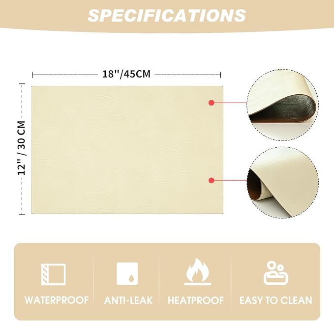 Artoid Mode Beige Faux Leather Placemats Set of 6, 12x18 Inch Waterproof Wipeable Heat Resistant Vinyl Place Mats, Reversible Table Mats for Kitchen Dining Decor