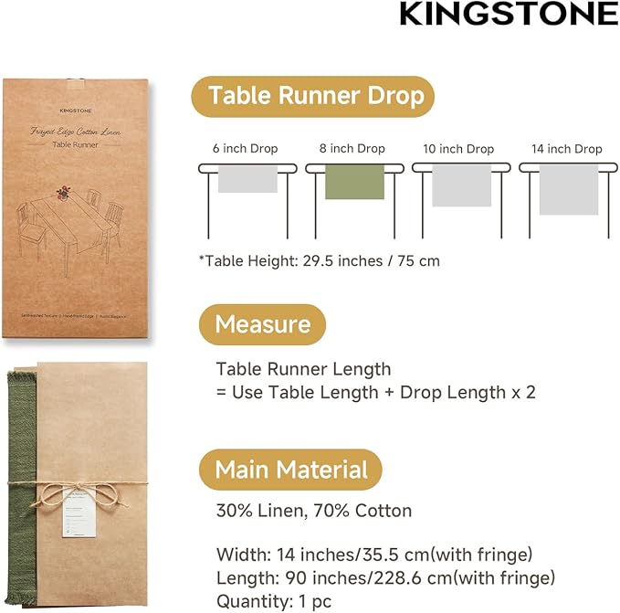 KINGSTONE 14 x 90 Inches Frayed Edge Table Runner, 270G Heavyweight Sand Washed Slub Texture Cotton Linen for Modern Farmhouse, Rustic Home Decorations Dining Room Wedding Boho Decor, Moss Green