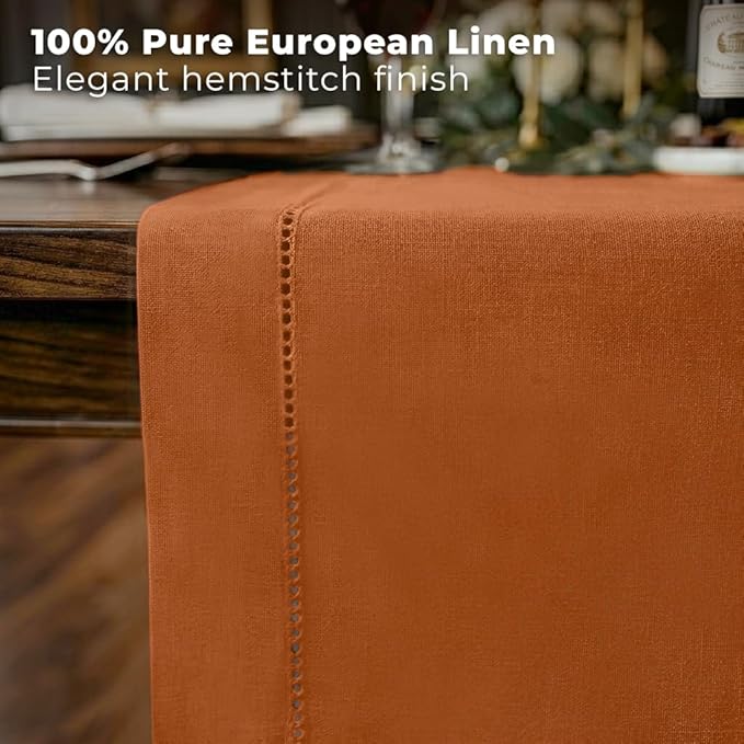 Signature Linen™ by D'Moksha Rust Table Runner 90 Inches Long, 100% Pure Linen, Hemstitch, 14 x 90 Inch Table Runner for Dresser, Dining- Summer, Father's Day